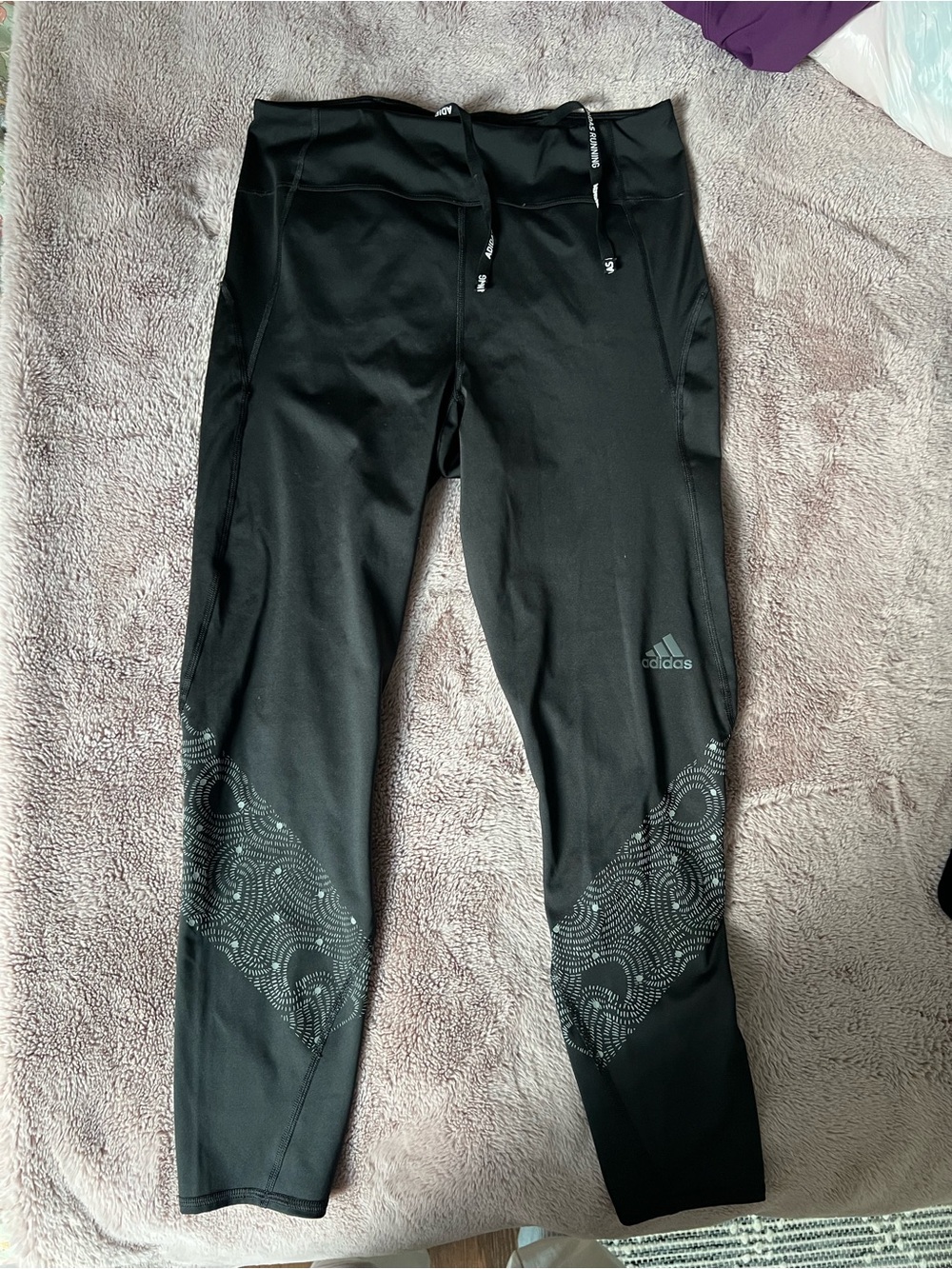 Adidas Running Black Leggings with Reflective Patterned Lower Panels - Size L